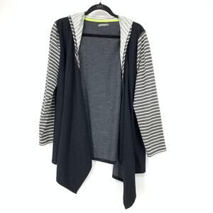 Three Hearts Women's L Open Waterfall Front Sweatshirt Black Gray Striped